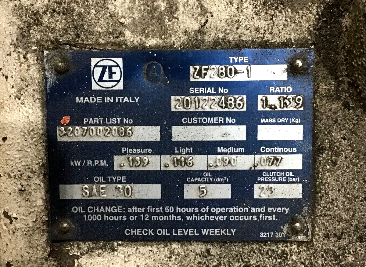 ZF 280-1 MARINE TRANSMISSION w/ 1.139 to 1 RATIO USED SEE FULL DESCRIPTION