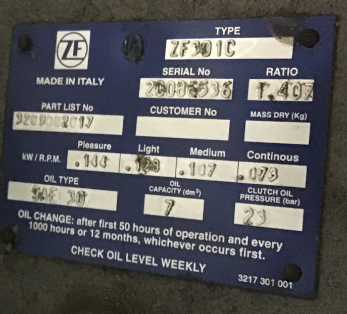 ZF 301C MARINE TRANSMISSION RATIO 1.4 - 1 USED, TWO AVAILABLE YOUR CHOICE OF 1