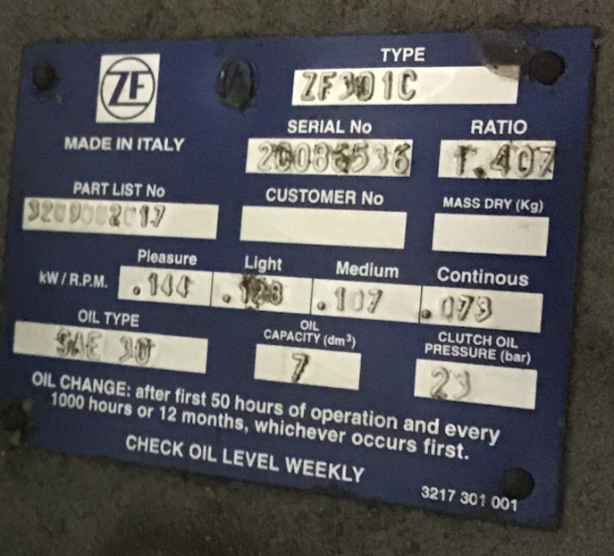 ZF 301C  MARINE TRANSMISSION RATIO 1.4 - 1  USED, TWO AVAILABLE YOUR CHOICE OF 1