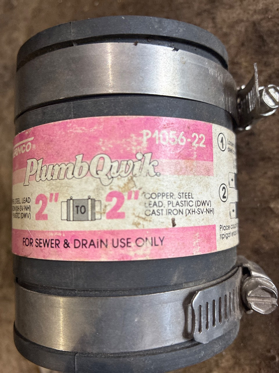 Fernco P1056-22 PlumbQwik 2" x 2" Flexible Drain Coupling with Stainless Clamps - New