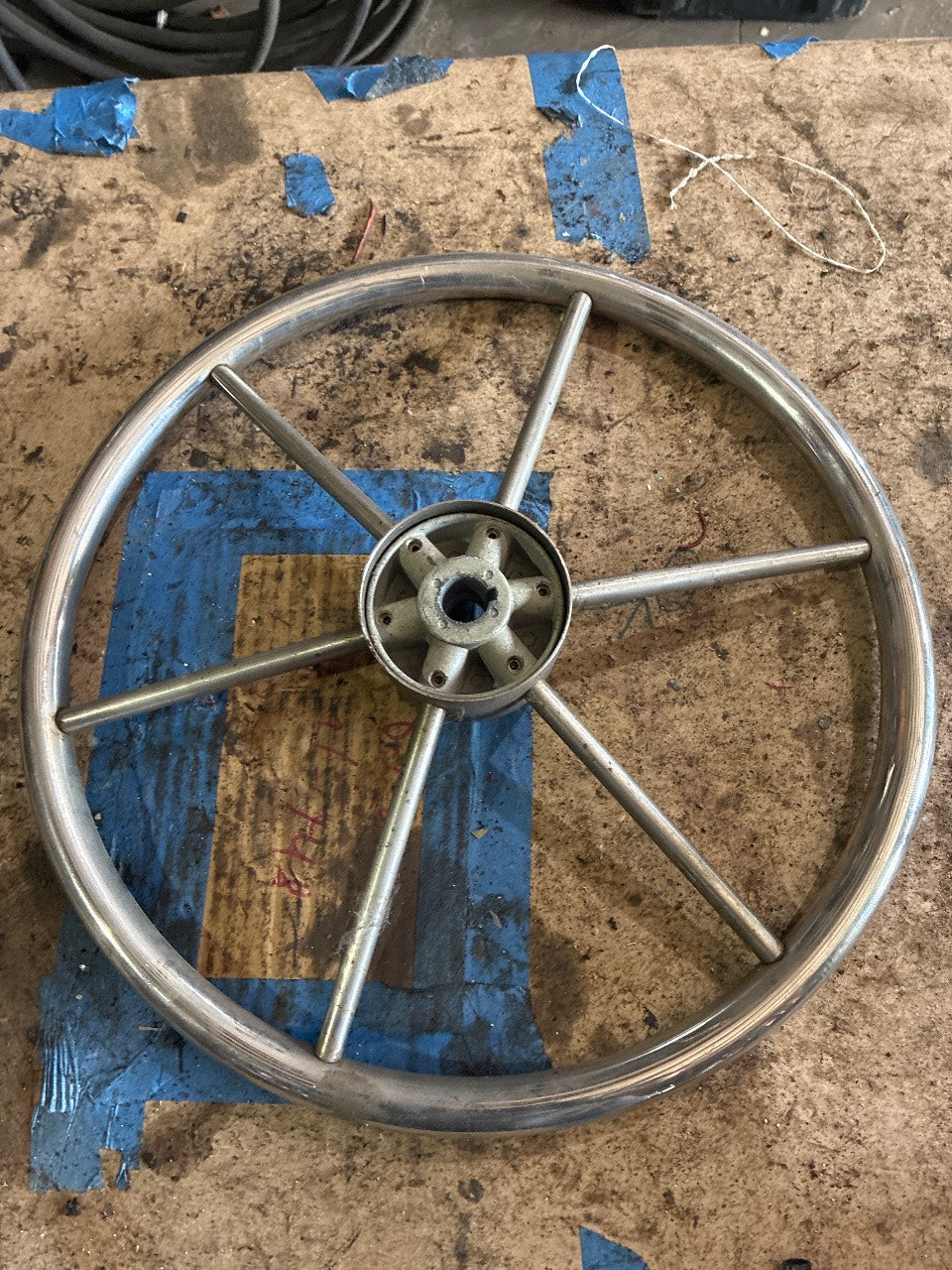 Destroyer-Style Stainless Steel 6-Spoke Boat Steering Wheel ~15" with 3/4" Tapered Keyed Hub - Used