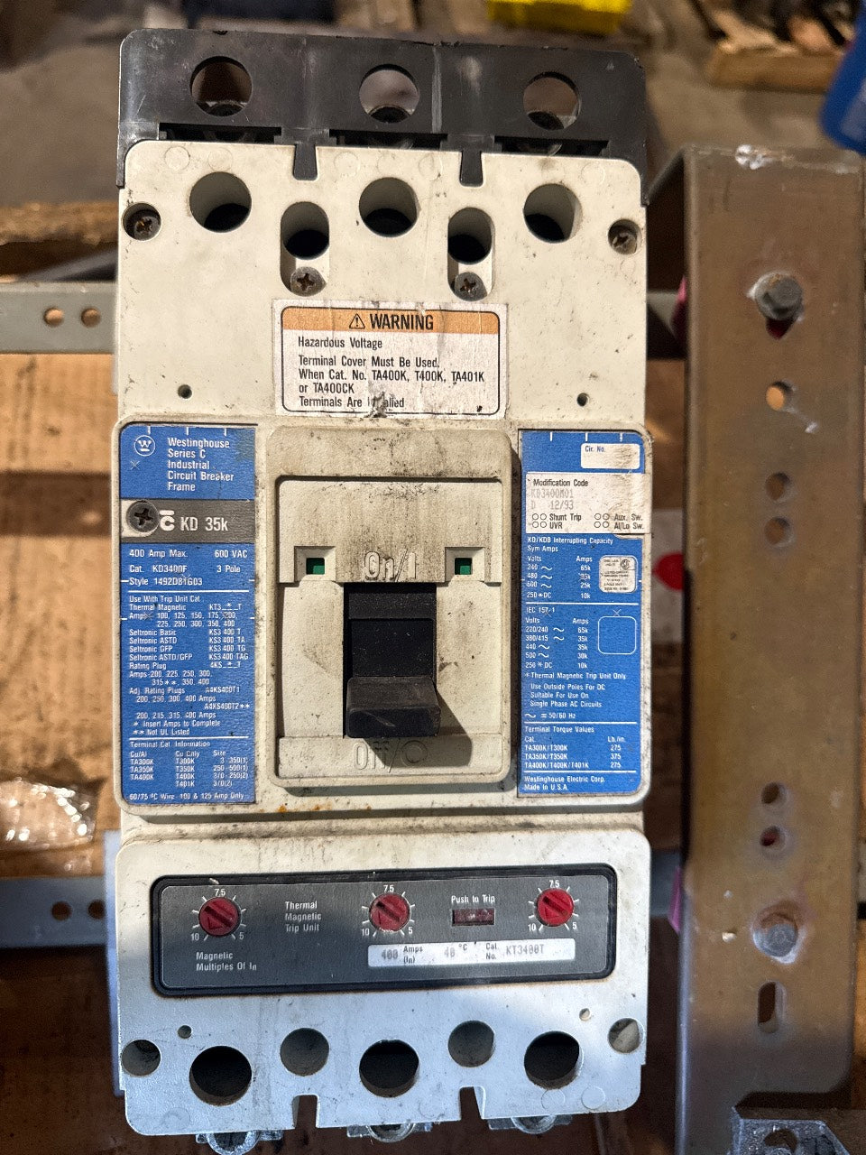 Westinghouse KD3400F 400A 3-Pole 600VAC Molded Case Circuit Breaker with KT3400T Trip Unit - Used