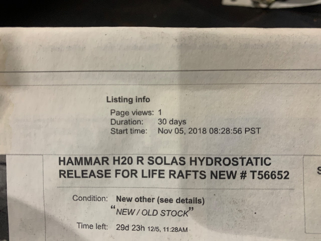 Hammar H20 R SOLAS Hydrostatic Release Unit (HRU) for Liferafts - New Old Stock