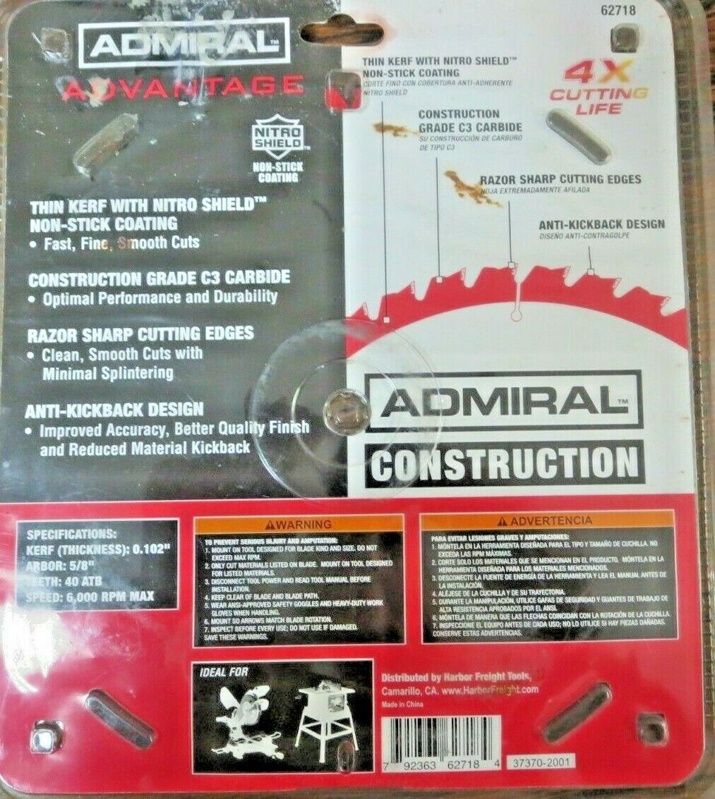 NEW / ADMIRAL CONSTRUCTION 10" BLADE DIAMETER / 40 CARBIDE TEETH ATB