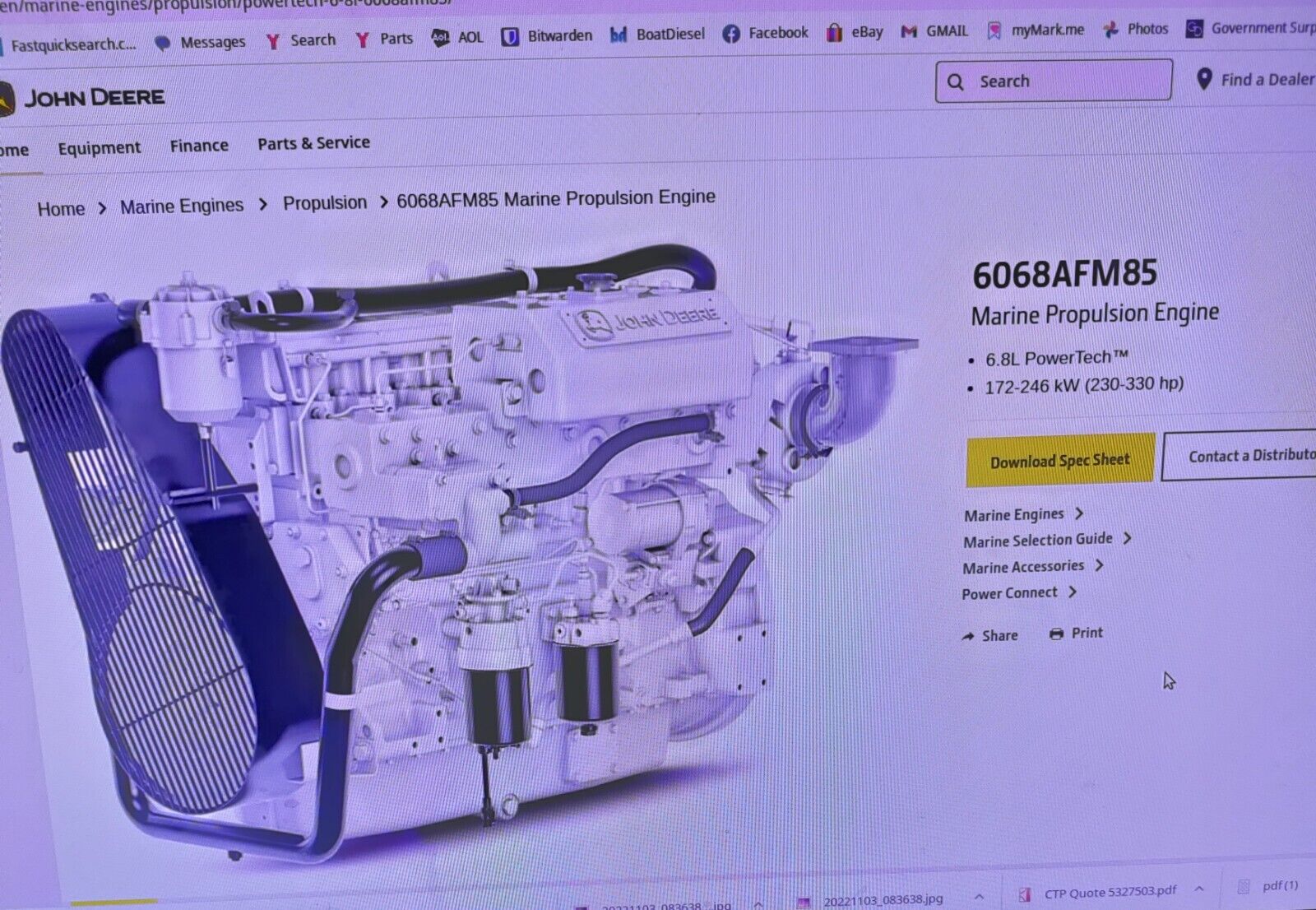 JOHN DEERE DIESEL MARINE ENGINE 6068AFM85 6.8L BOB-TAIL "SOLD AS A CORE / PARTS"