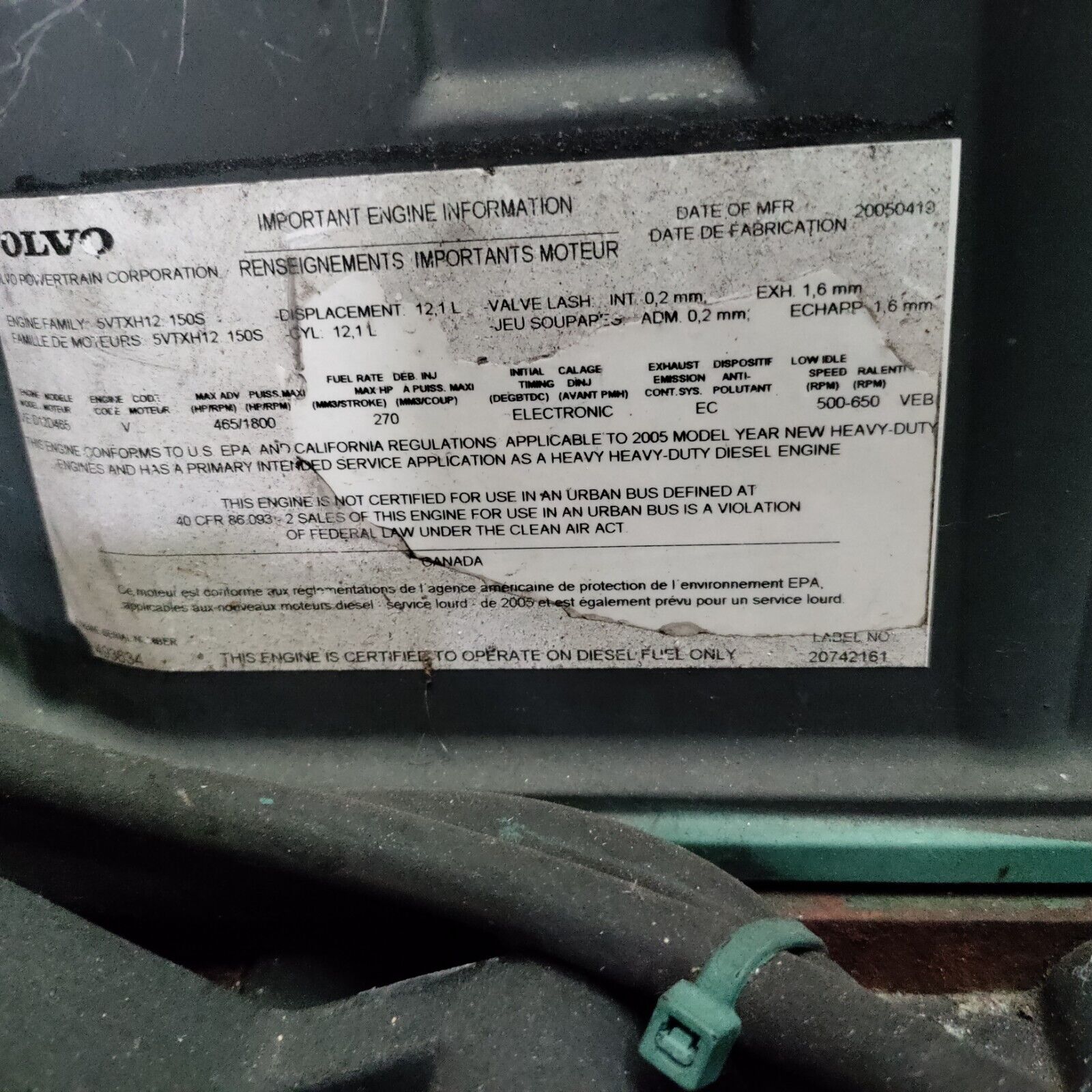 2005 Volvo Model VED12D465 Diesel 12.1 L 465 HP. TRUCK ENGINE P/N 5VTXH12 150S