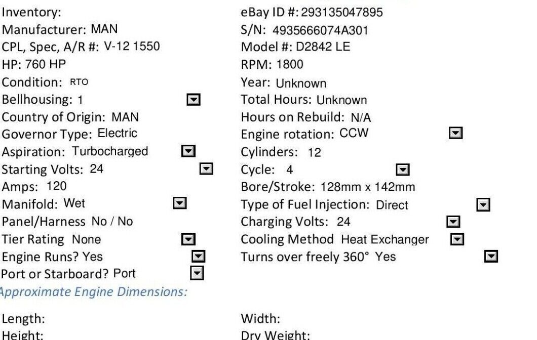 MAN D2842 LE, DIESEL MARINE ENGINE, V-12 760 HP, BOBTAIL, 1354.6 HOURS  SMOH