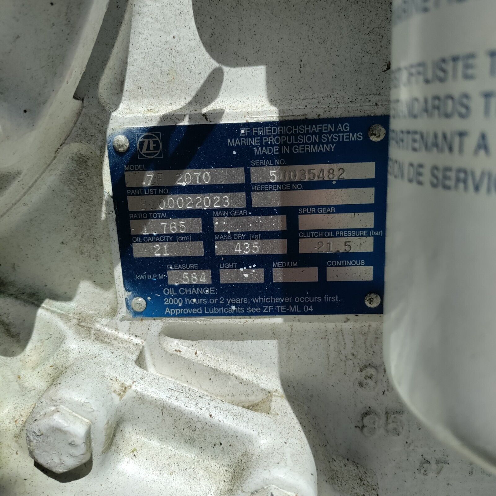 ZF MARINE ZF 2070, 1.765 to 1 RATIO TRANSMISSION / GEAR BOX / RECENT TAKE OUTS