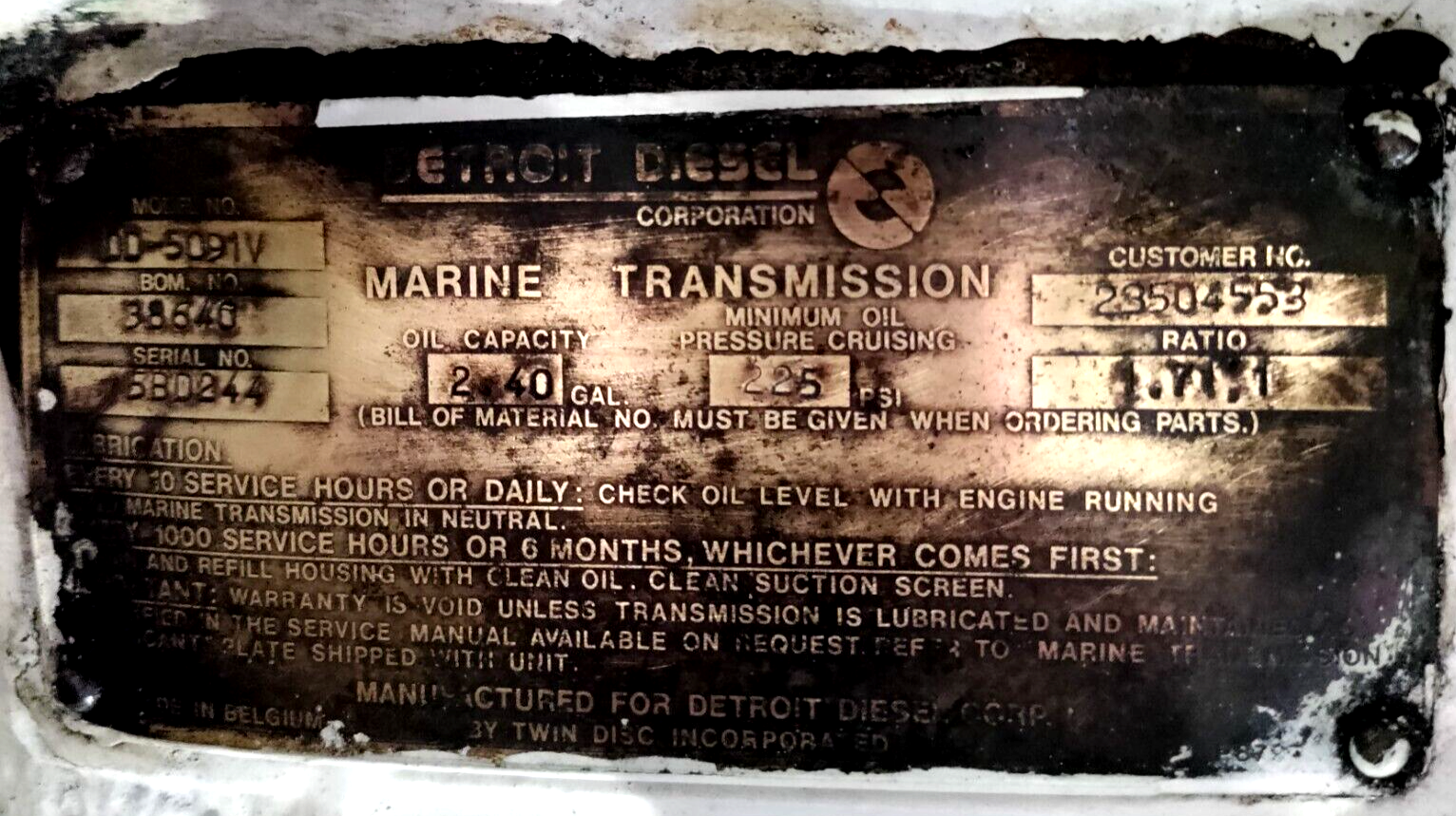 DETROIT DIESEL 6V92 TAB 565 HP. DIESEL MARINE ENGINE w/ TWIN DISC GEAR RTO USED