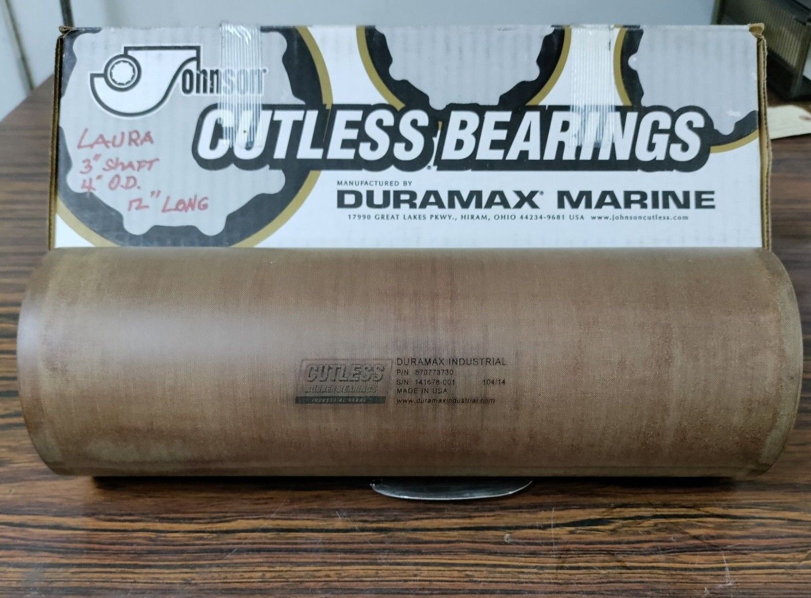 870773730 DURAMAX NON-METALLIC CUTLESS BEARING ( LAURA ) 3" SHAFT 4" OD. 12" L