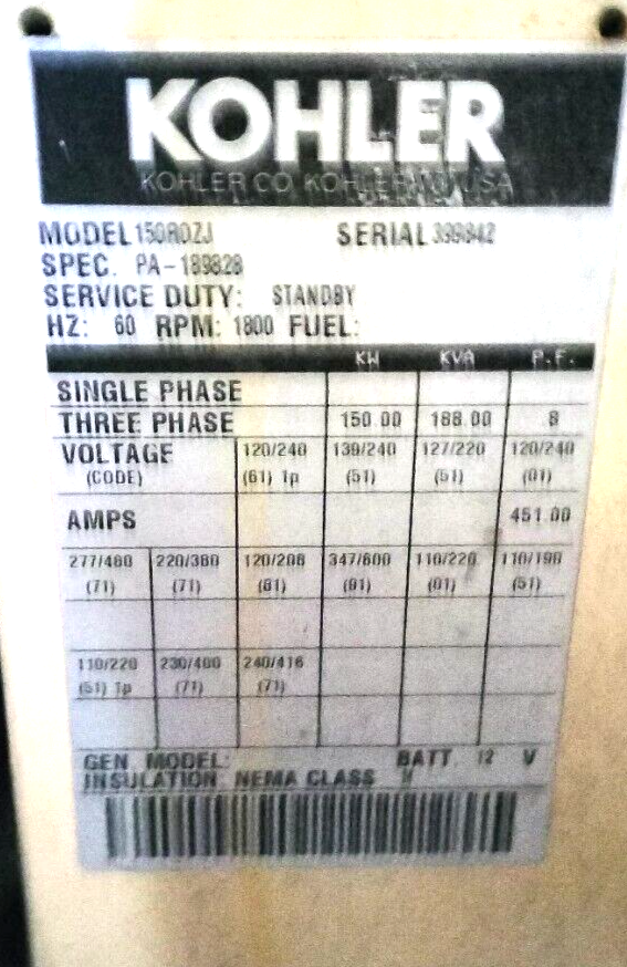 KOHLER 150KW STAND-BY STATIONARY GENERATOR SET w/ JOHN DEERE 6081 ENGINE 937 HRS