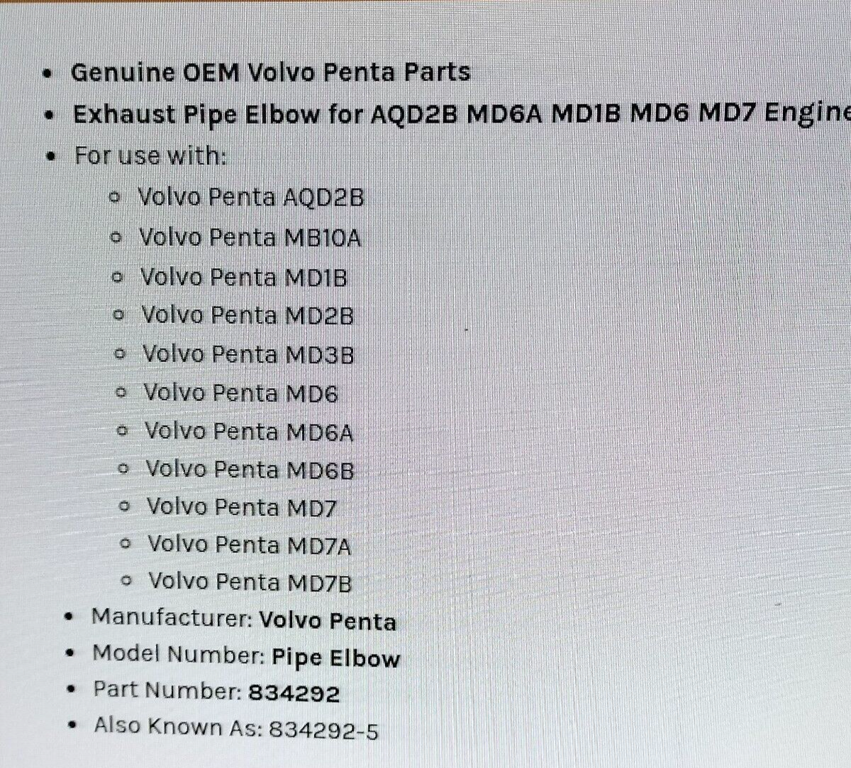 Volvo Penta 834292 Genuine OEM AQD2B MD6A MD1B MD6 MD7 Engine Exhaust Pipe Elbow