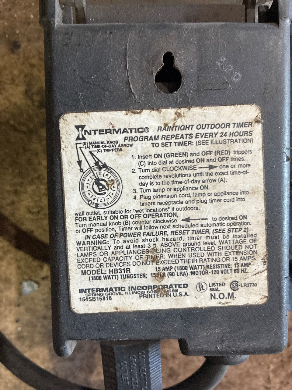 Intermatic HB31R Raintight Outdoor Plug-In Timer 15 Amp 120V 24-Hour - Used