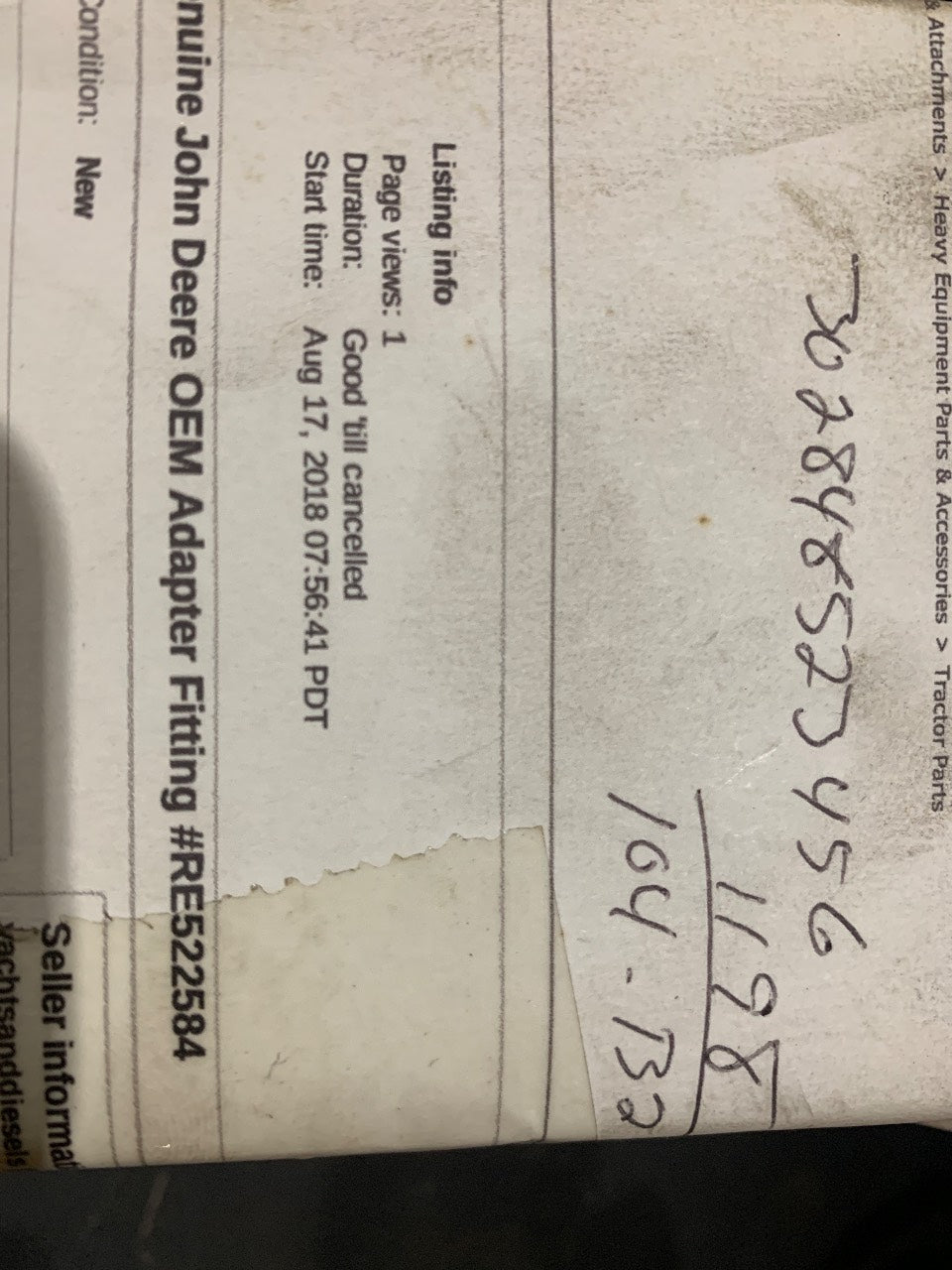 John Deere RE522584 OEM Adapter Fitting - New