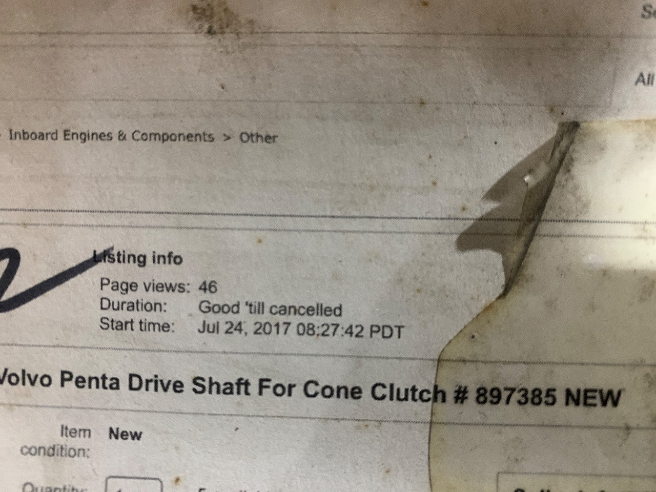 Volvo Penta 897385 Drive Shaft for Cone Clutch - Used