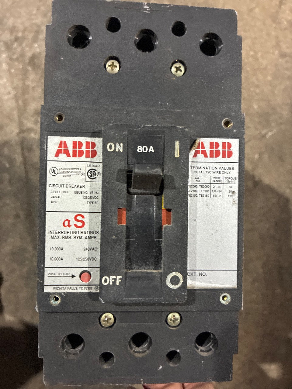 ABB Type ES 80A 3-Pole Circuit Breaker 240VAC 125/250VDC - Used