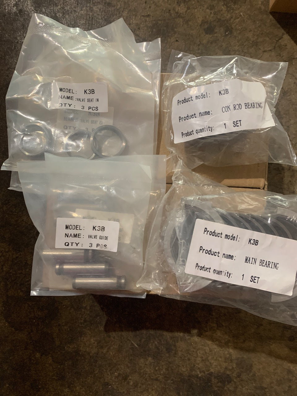 Mitsubishi K3B Engine Rebuild Kit - Main & Rod Bearings, Valve Seats, Valve Guides - New