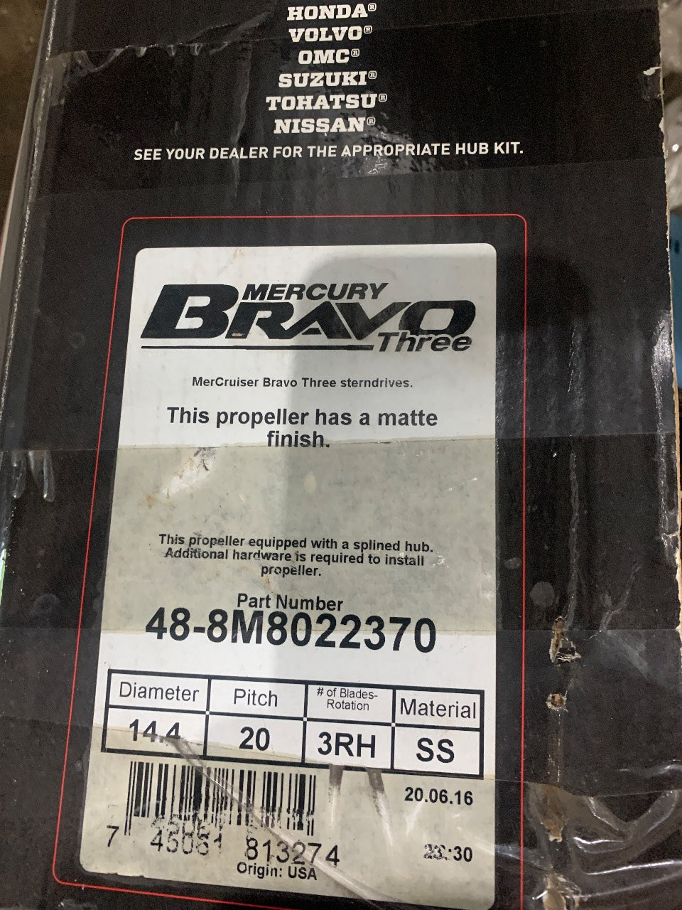 Mercury 48-8M8022370 Bravo Three 14.4 x 20P 3RH Stainless Front Propeller for MerCruiser Bravo Three Sterndrives - Used