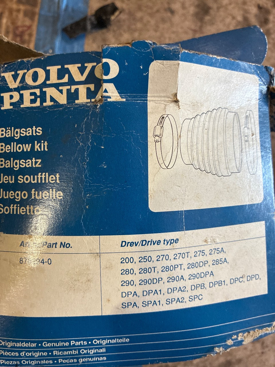 Volvo Penta 876294 Exhaust Bellows Kit for 200/250/270/280/290/SP/DP Sterndrive - New
