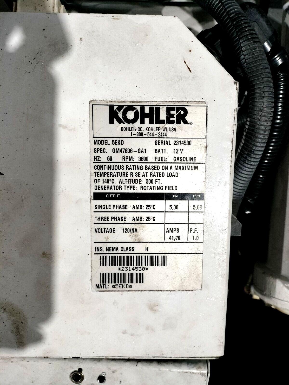 KOHLER 5EKD / 5KW -12V SINGLE PHASE GAS GENERATOR 50.2 ORIGINAL HOURS WITH COVER