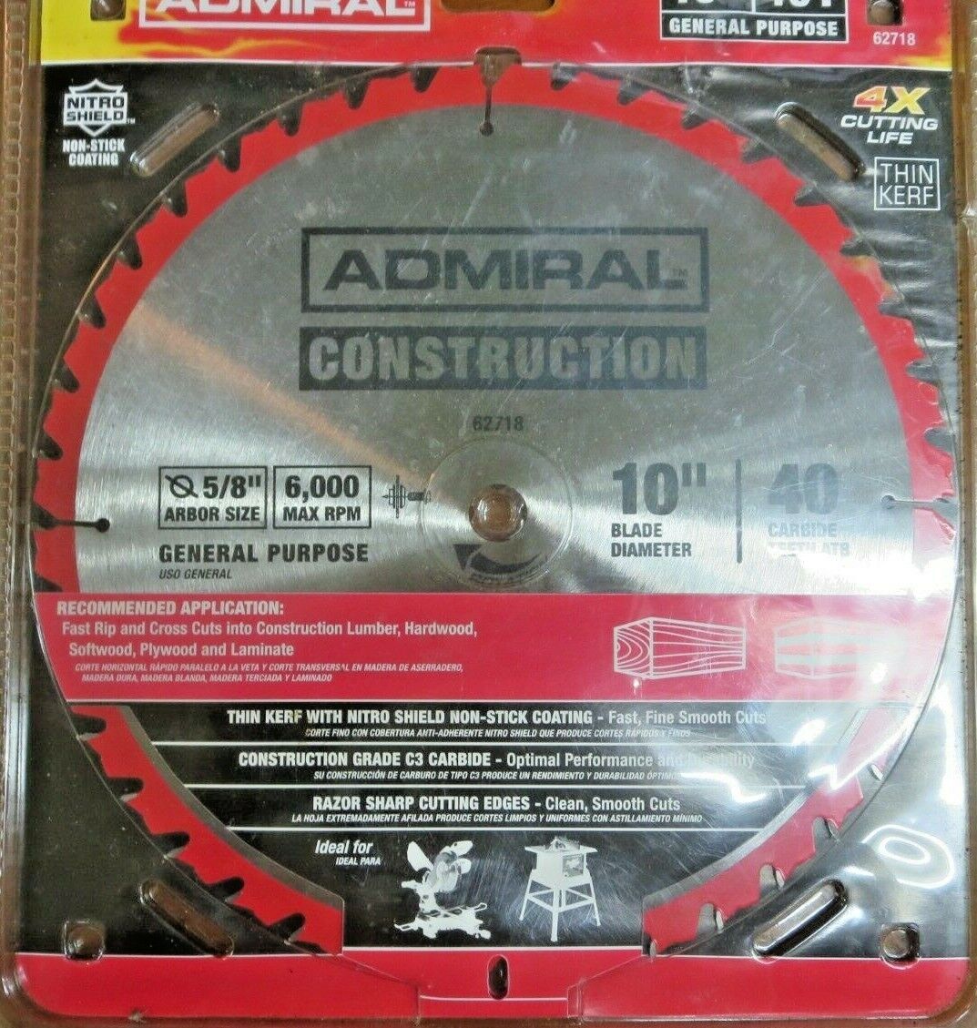 NEW / ADMIRAL CONSTRUCTION 10" BLADE DIAMETER / 40 CARBIDE TEETH ATB